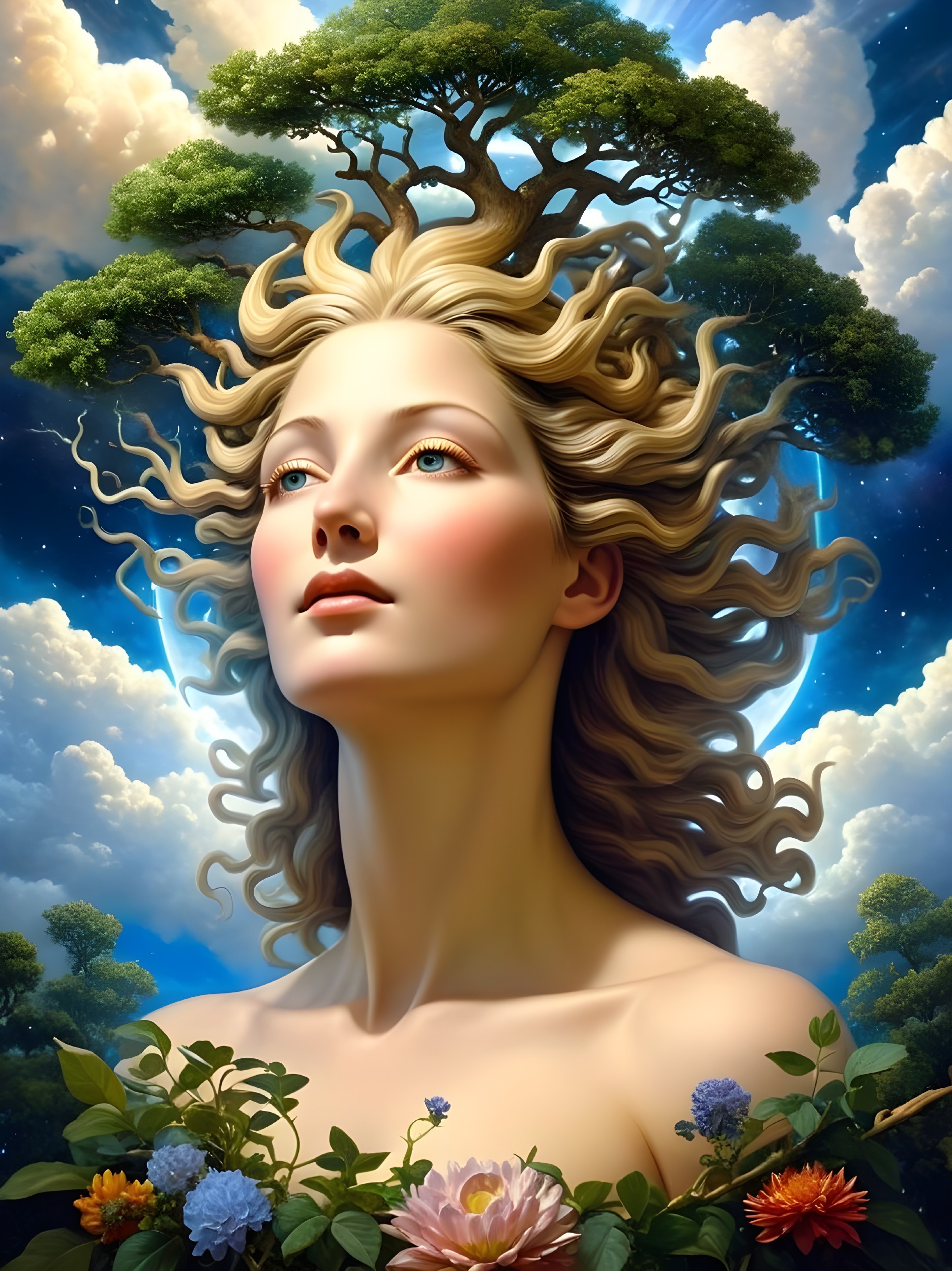 Serene Woman Surrounded by Nature and Vibrant Sky