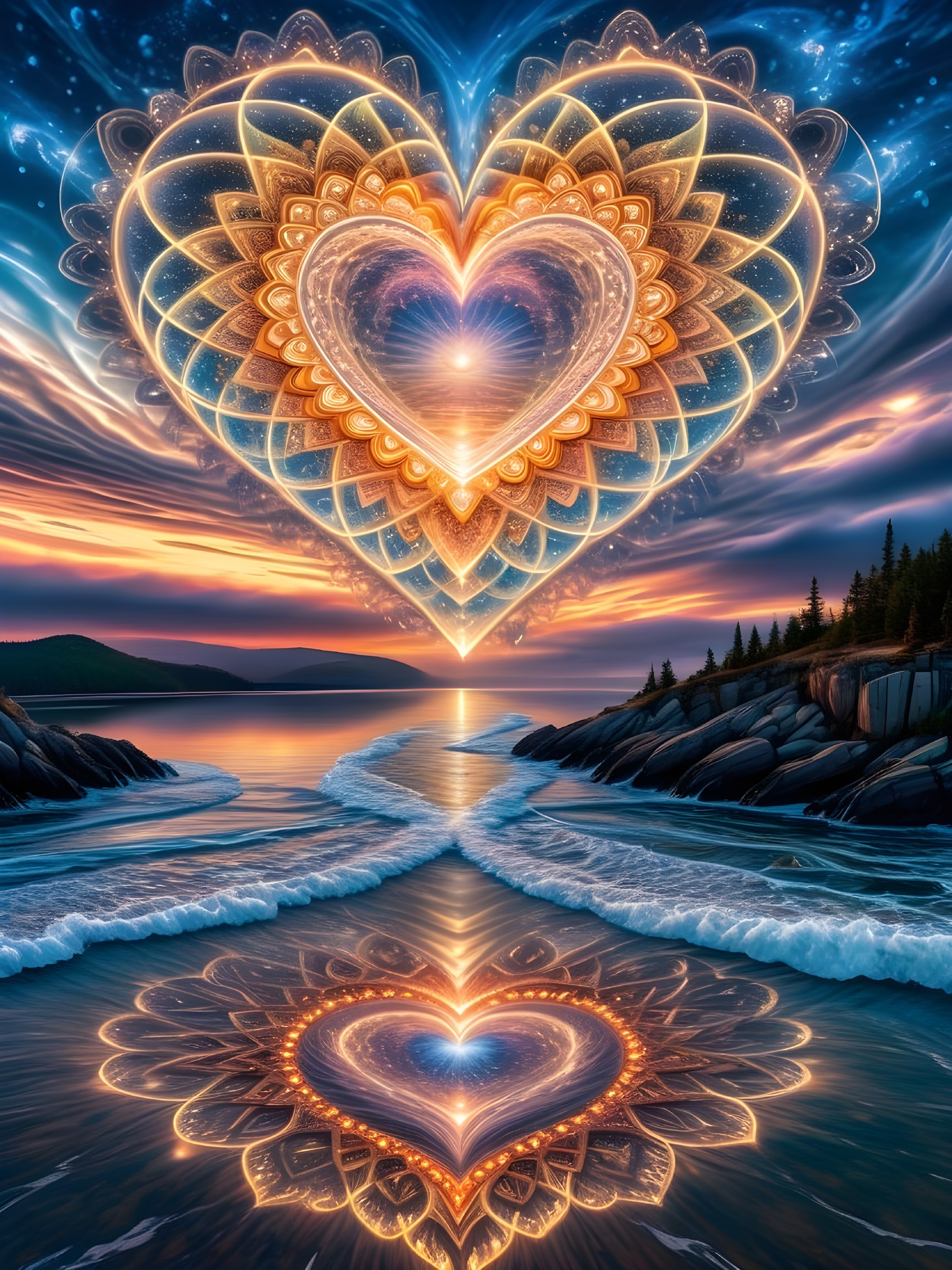 Surreal Landscape with Luminous Heart Above Ocean
