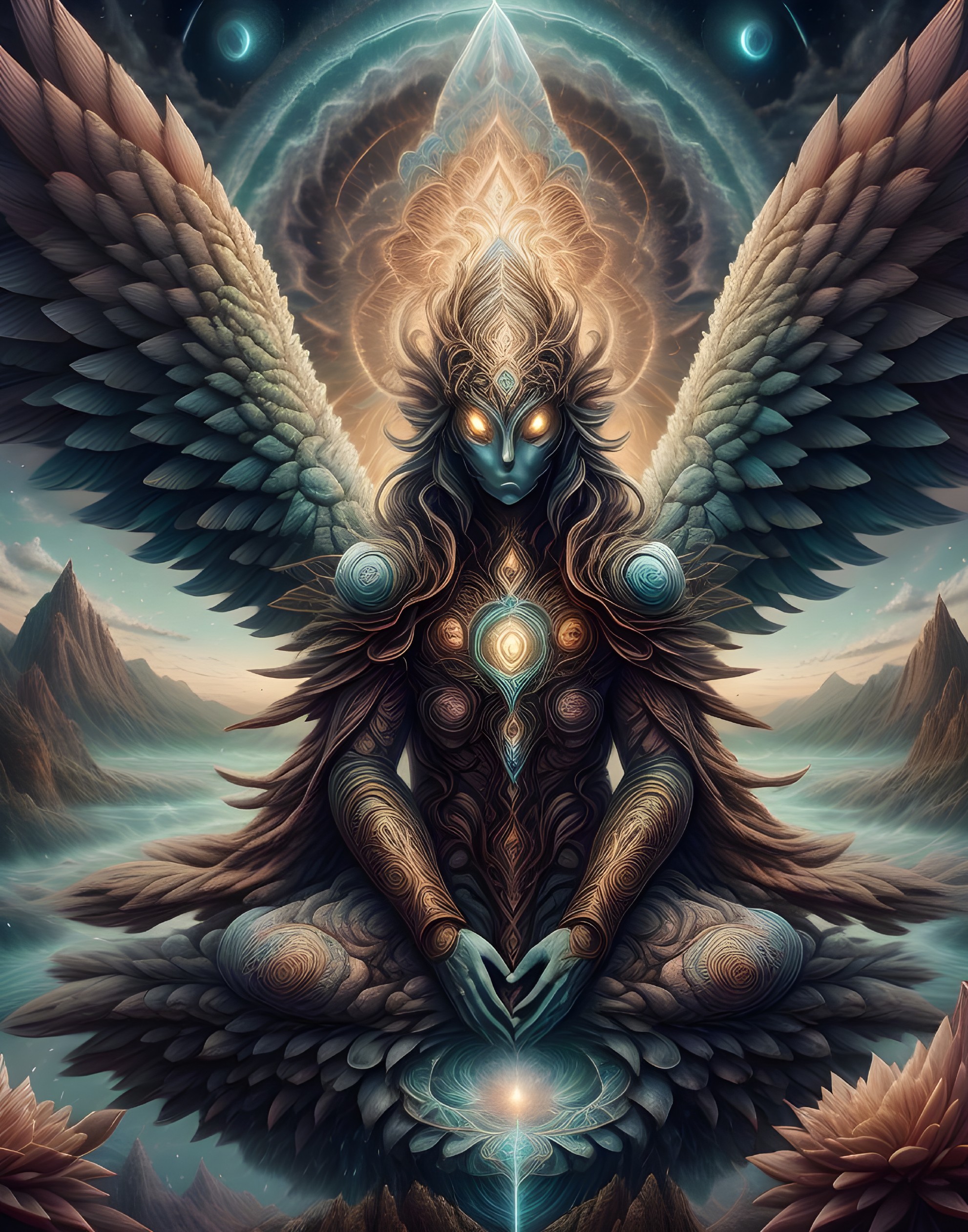 Majestic figure with wings in a cosmic landscape