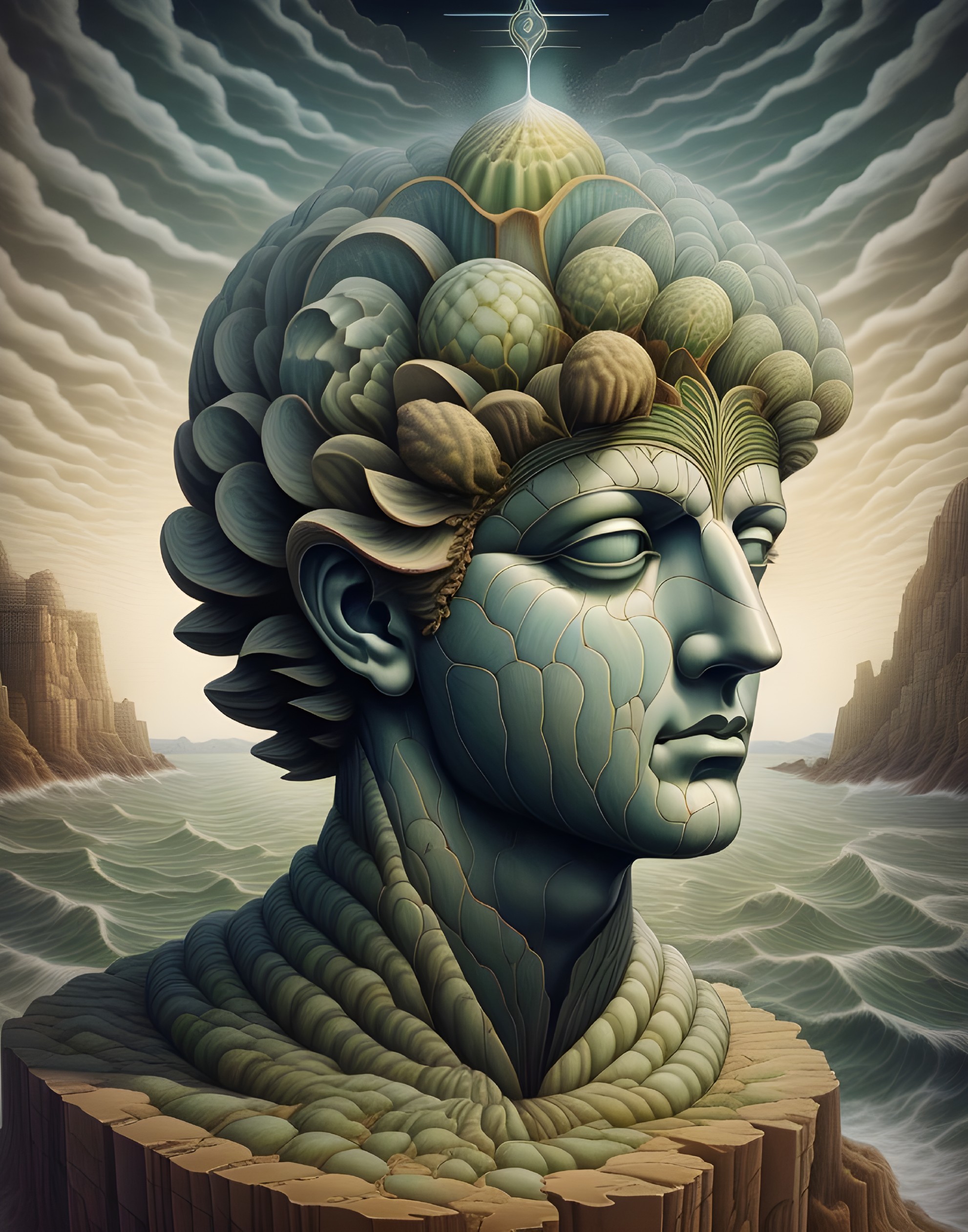 Surreal Bust with Foliage Patterns and Sea Background