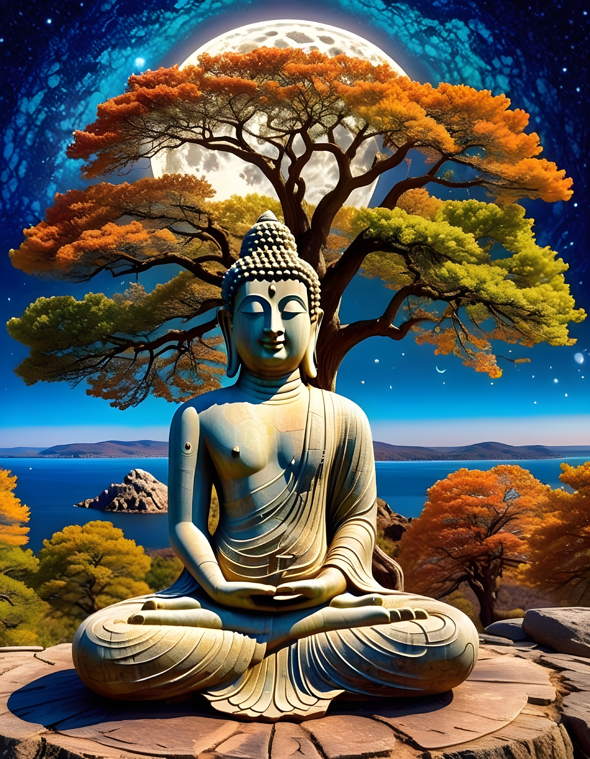 Buddha Statue in Serene Autumn Landscape at Night