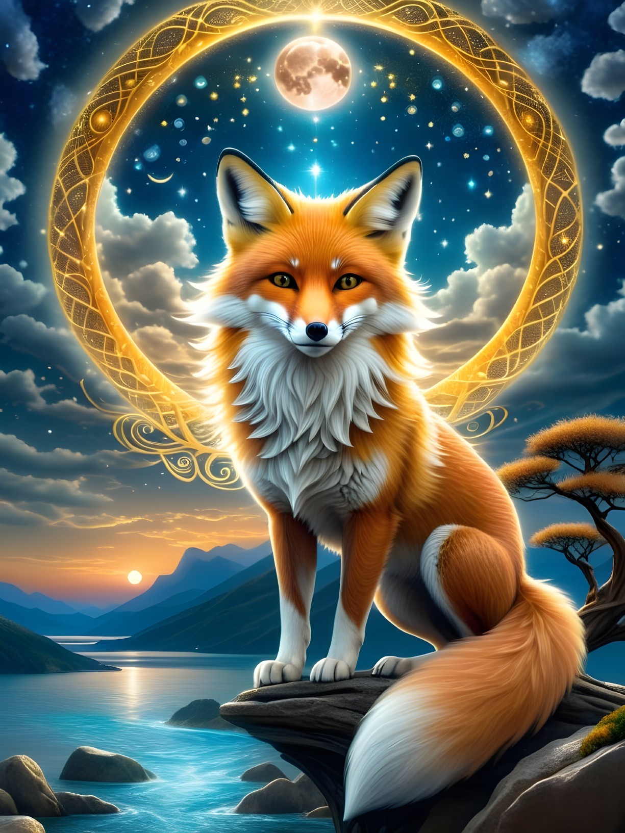 Majestic fox on rocky outcrop with celestial halo
