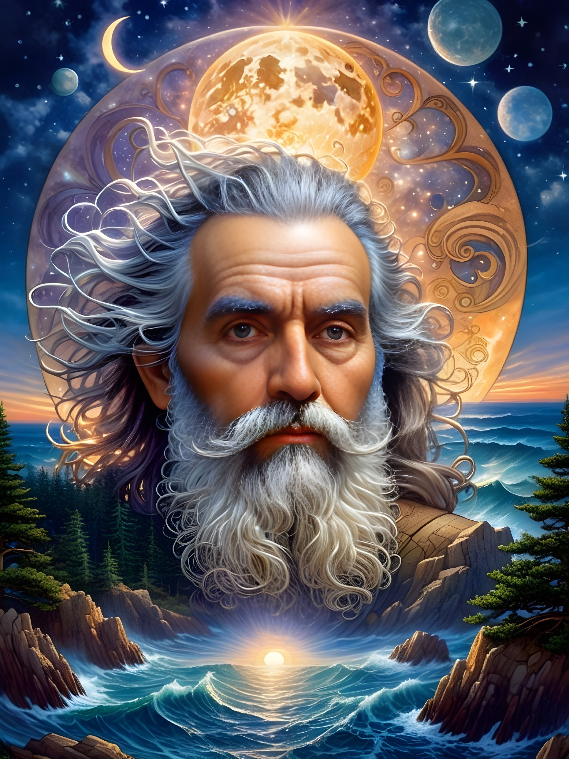 Elderly Man in Cosmic Setting with Ocean Waves