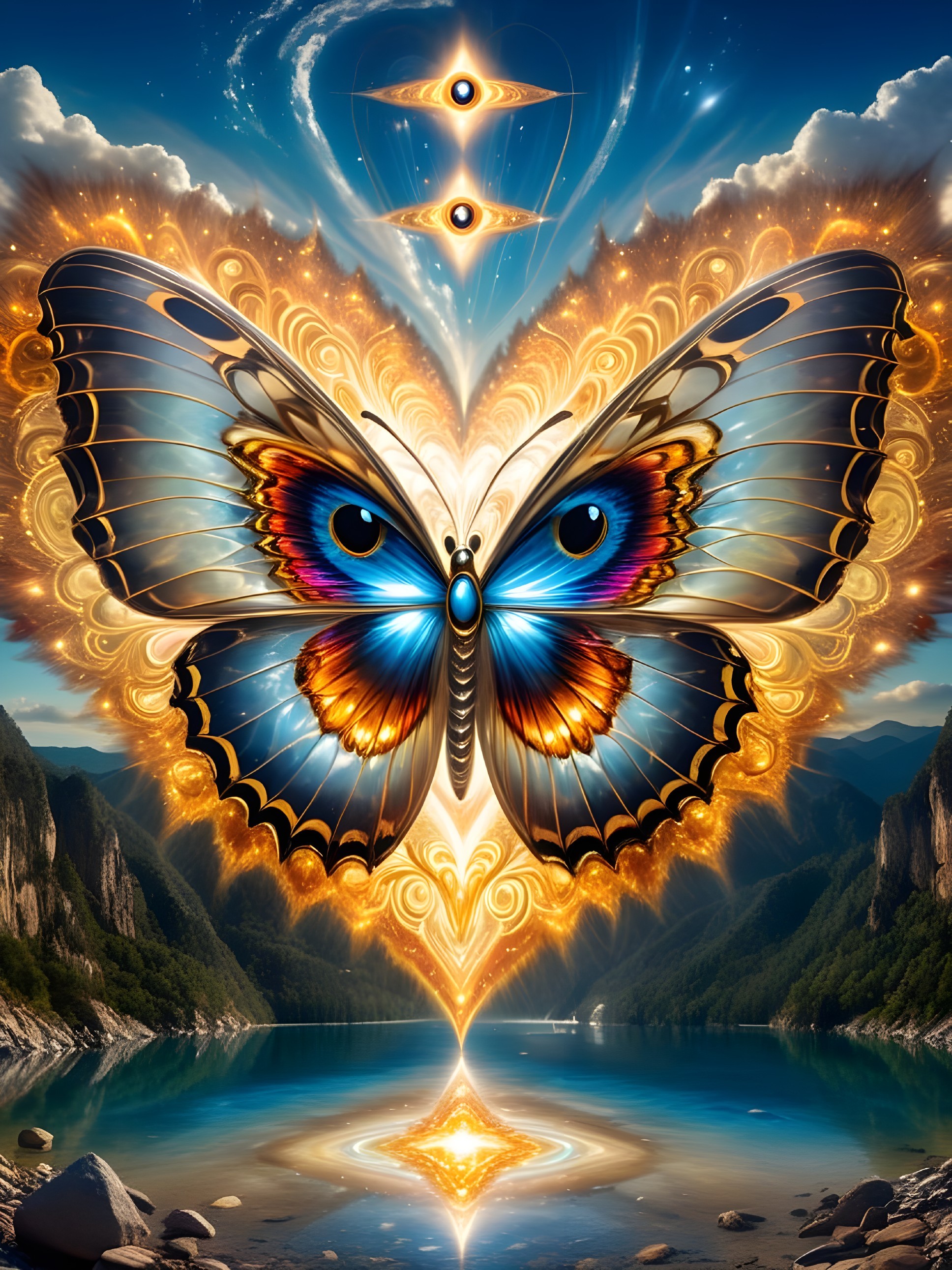 Vibrant Butterfly Over Lake and Majestic Mountains