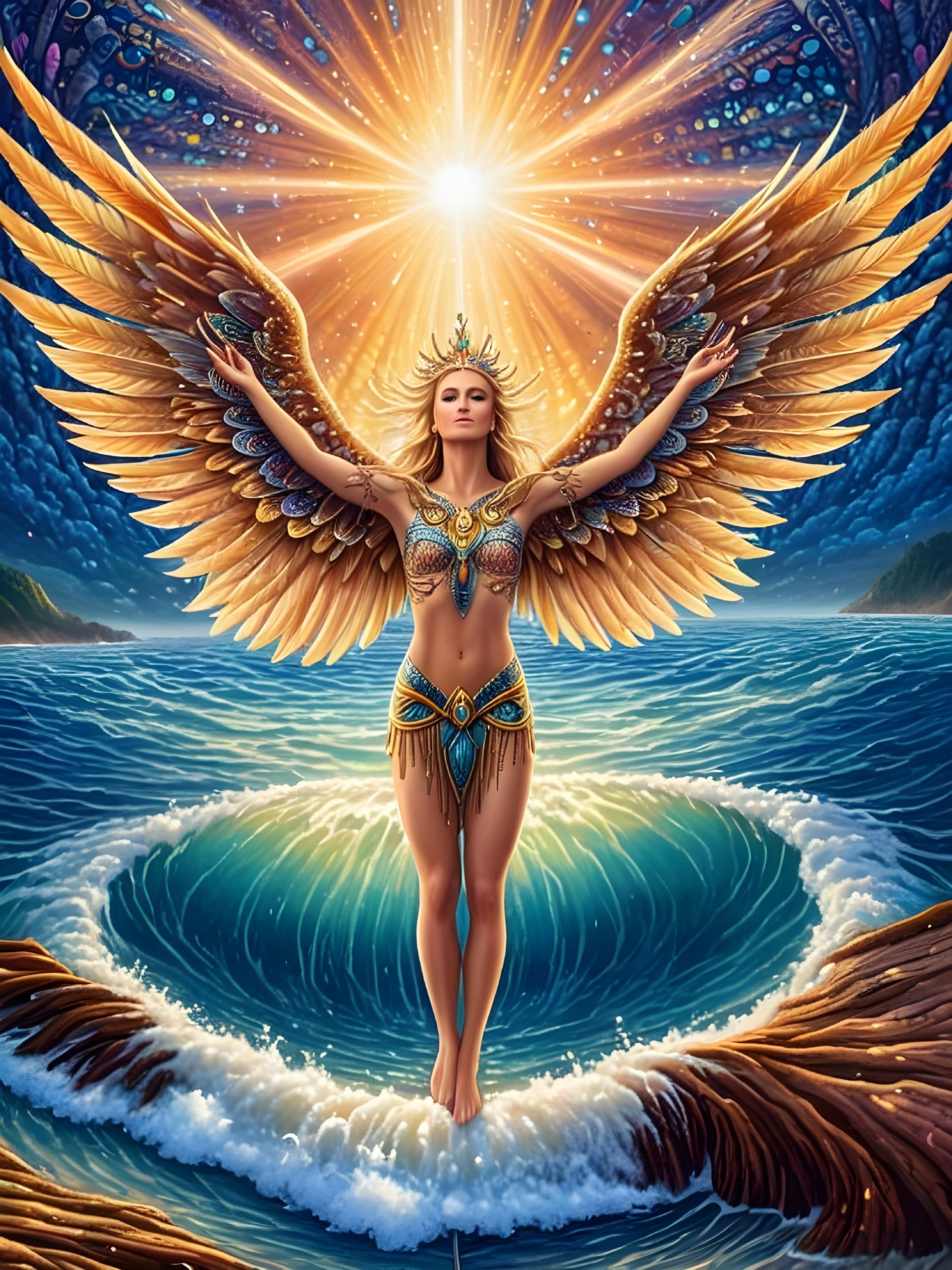 Majestic figure with golden wings and ocean backdrop