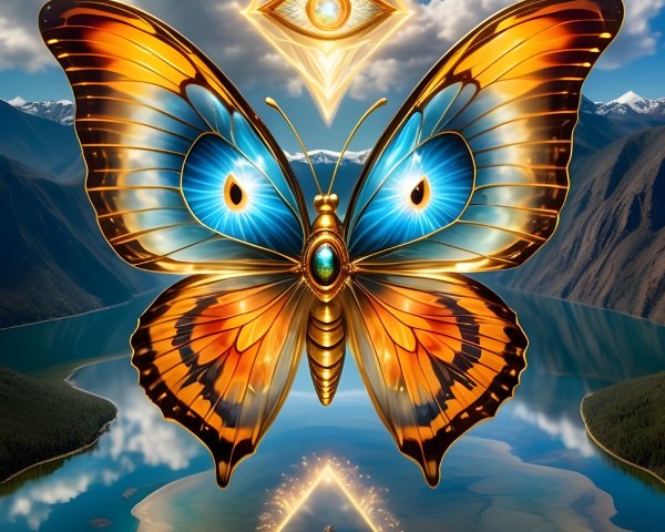 Vibrant Butterfly Over Serene Lake and Mountains