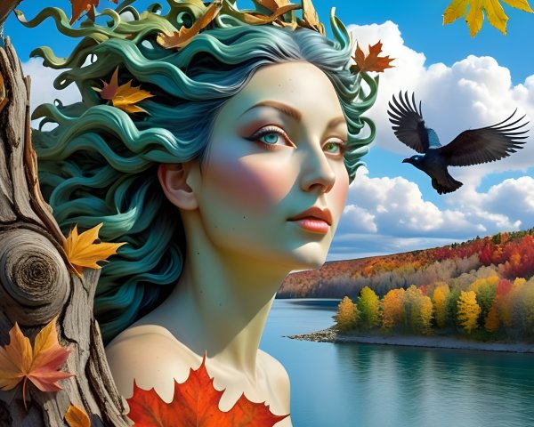 Mystical figure with green hair in autumn setting
