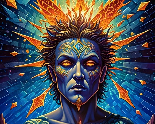 Surreal Illustration with Central Figure and Geometric Shapes