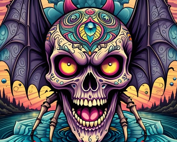 Vibrant Skull with Wings and Lotus in Surreal Sunset