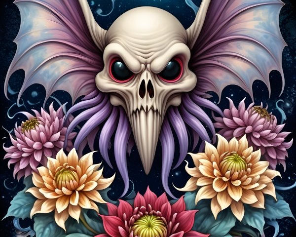Surreal Skull Face with Wings and Cosmic Background