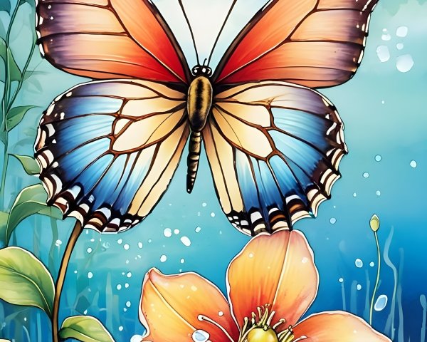 Illustration of a butterfly above an orange flower