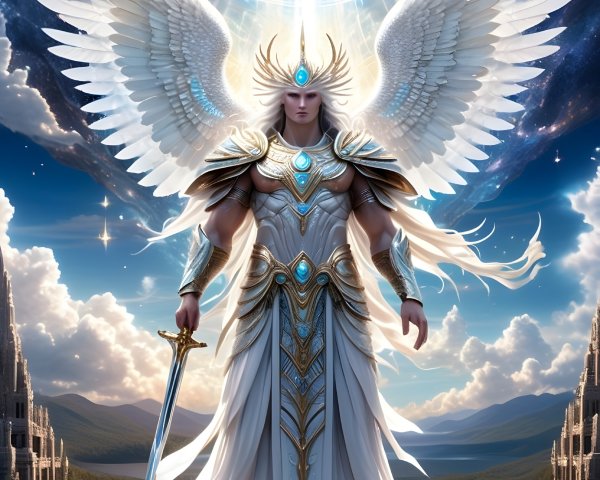 Majestic angel by serene lake with golden armor