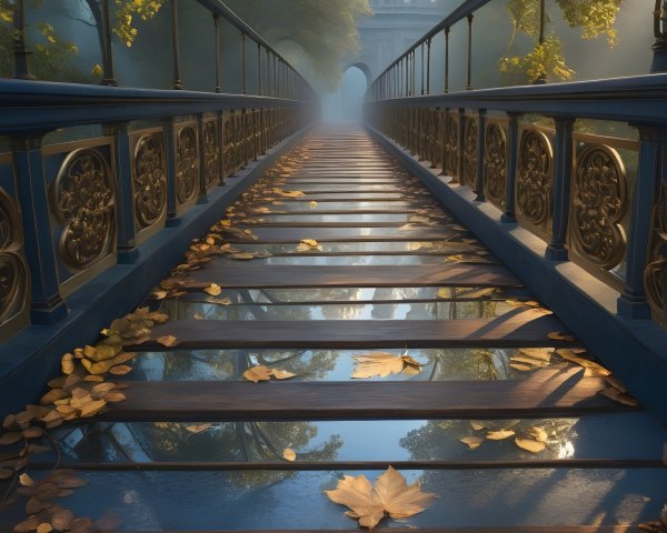 Wooden Bridge in Misty Landscape with Autumn Foliage