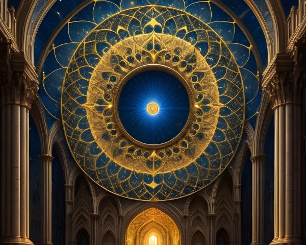 Ethereal hall with arches, columns, and golden mandala