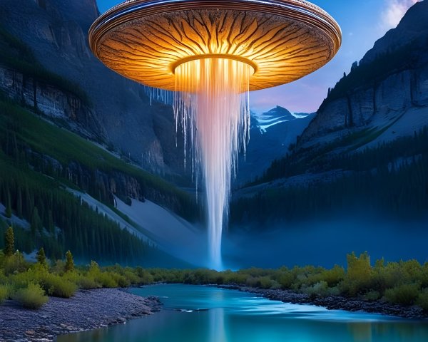 Futuristic UFO Over Mountain Landscape at Night
