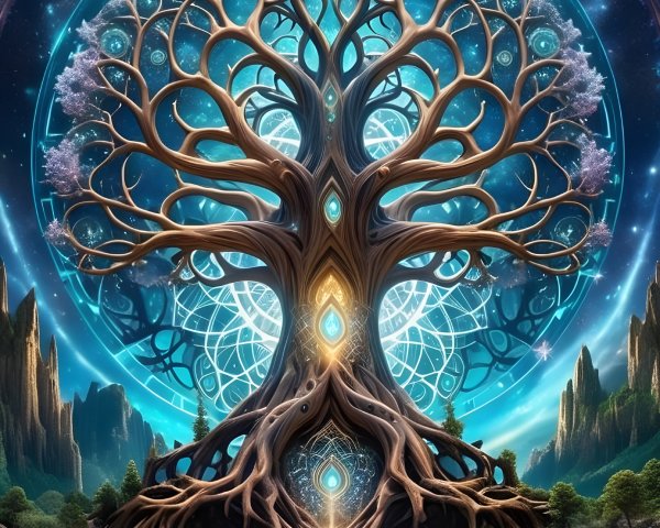 Majestic tree with glowing roots in cosmic landscape