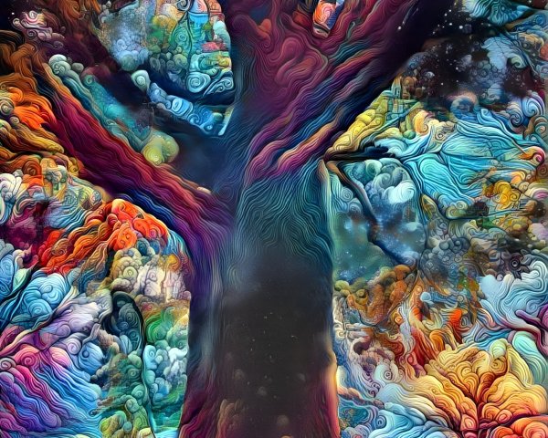 Surreal Tree with Colorful Foliage and Dreamy Landscape