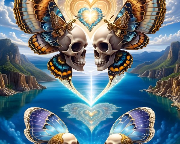 Surreal Landscape with Floating Skulls and Butterflies