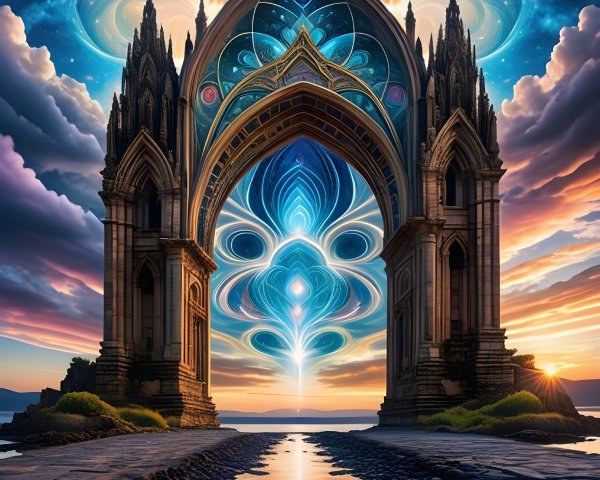 Surreal Gateway Over Tranquil Waterway with Reflections