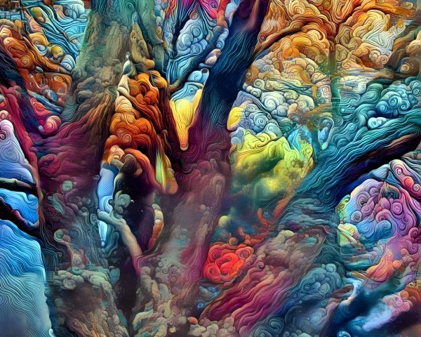 Abstract Tree with Colorful Foliage in Cosmic Background