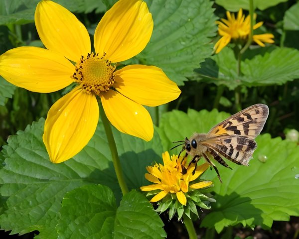 Vibrant yellow flowers with butterfly in a garden scene