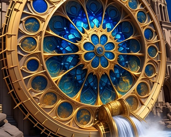 Golden Circular Window with Floral Patterns and Waterfall