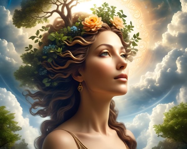 Woman in Golden Dress Surrounded by Nature's Beauty