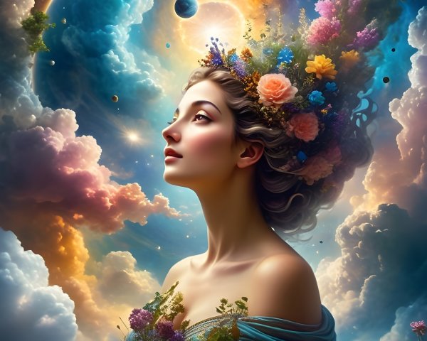 Surreal Landscape with Woman, Flowers, and Galaxy