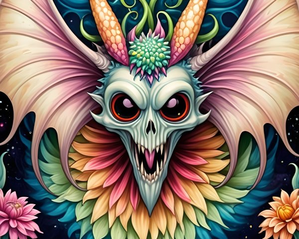 Vividly Colored Fantastical Creature with Floral Elements
