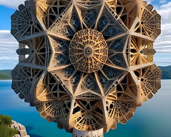 Futuristic Mandala Structure by Serene Water Body