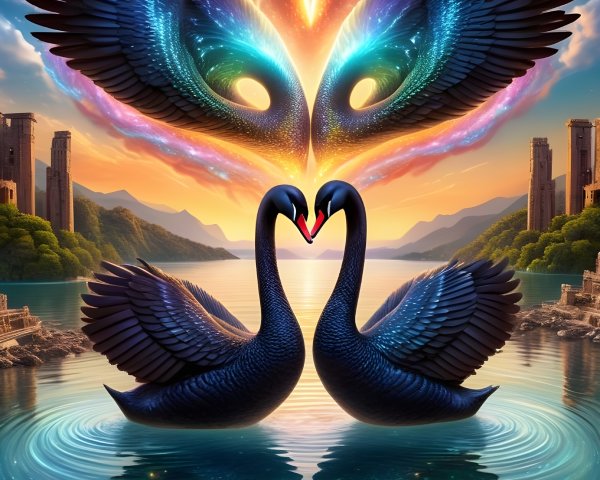 Black Swans Form Heart Amidst Colorful Cosmic Scene