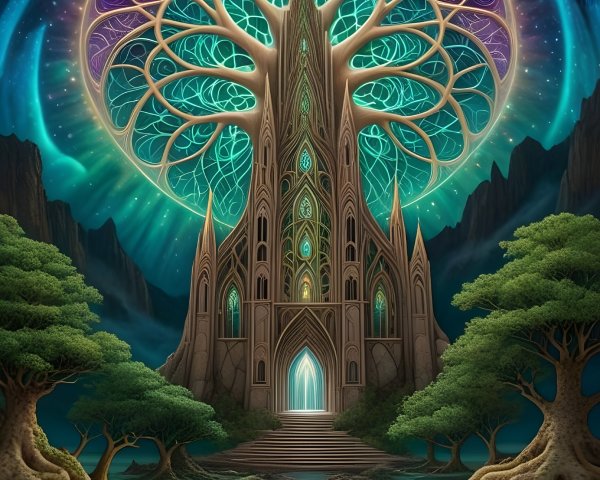 Majestic tree and glowing castle in a mystical setting