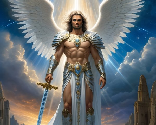 Majestic angel with wings in a serene landscape