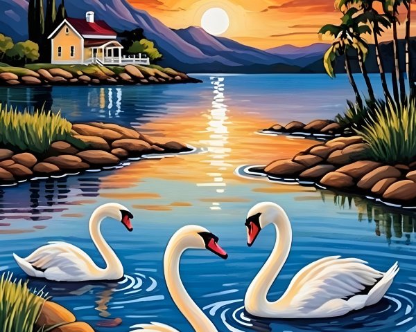 Serene Landscape with Swans and Sunset Reflections