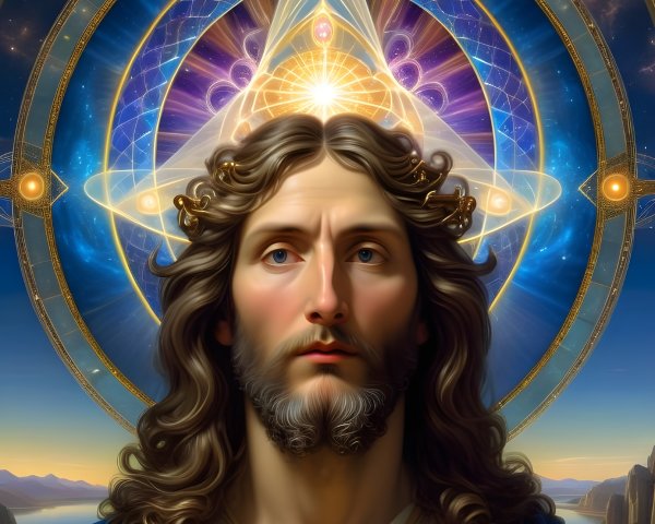 Serene figure with crown in cosmic setting