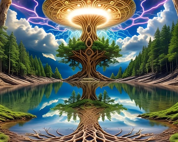 Majestic Tree and UFO Over Tranquil Lake Scene