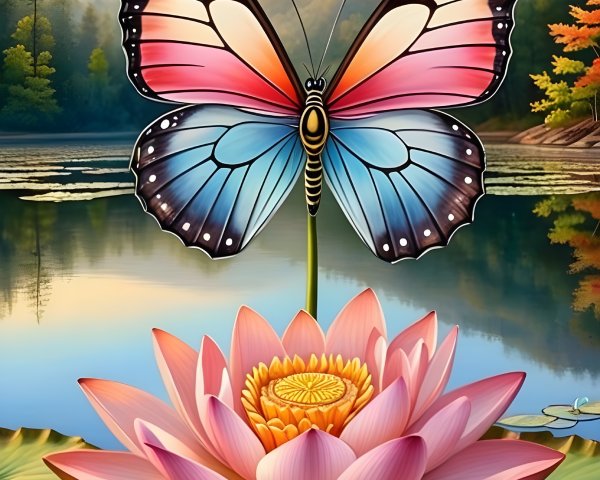 Butterfly on Lotus Flower by a Serene Lake at Sunrise