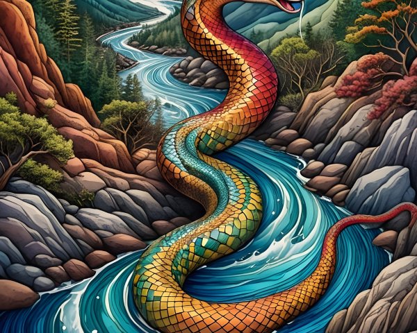 Mythical Serpent Illustration in a Colorful Valley