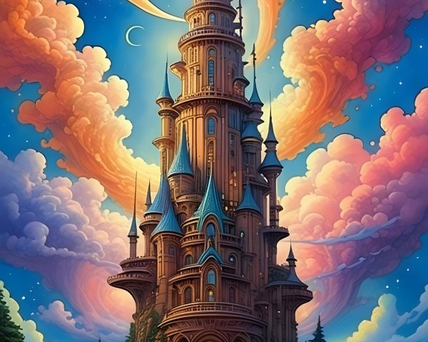 Majestic tower with blue spires in colorful sky