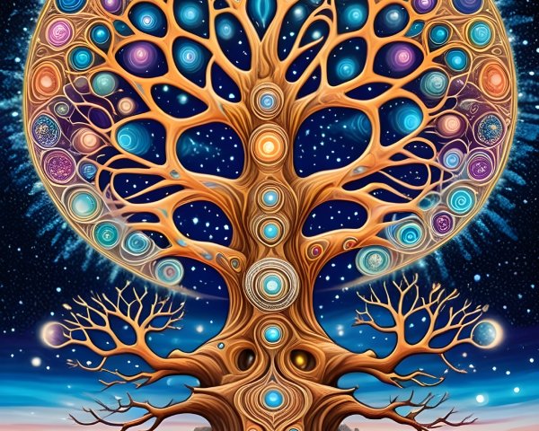 Intricate tree with colorful orbs and cosmic patterns