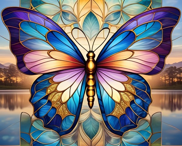 Stained Glass Artwork with Butterfly and Floral Patterns
