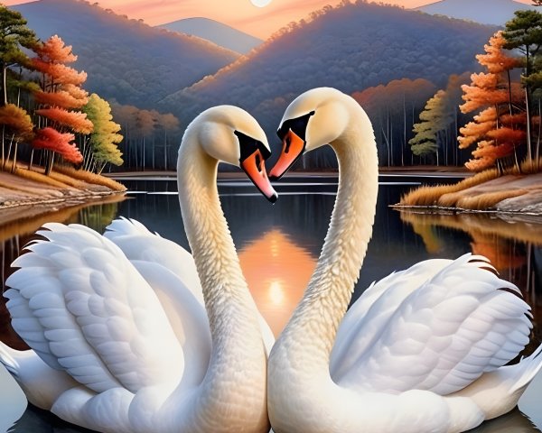 Swans Form Heart Shape on Tranquil Lake at Sunset