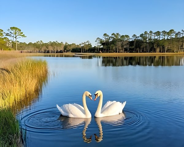 Swans Swimming on a Calm Lake with Scenic Surroundings