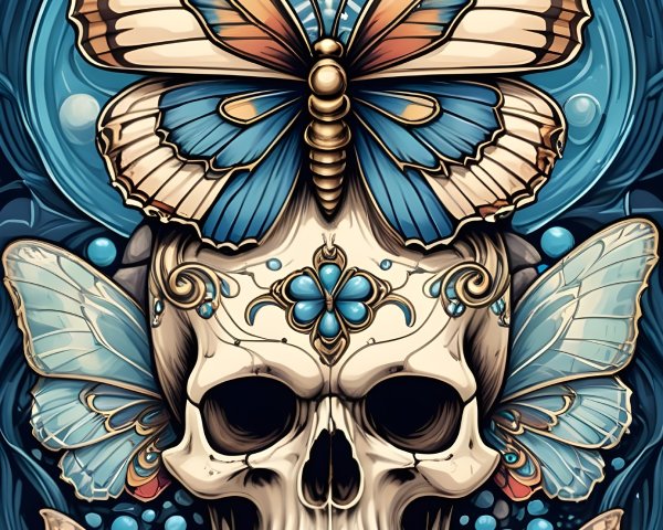 Vibrant Butterfly Illustration Above Stylized Skull