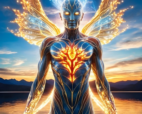 Mystical Figure with Wings at Sunset on Water's Edge
