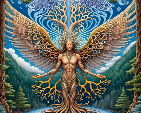 Mythical figure with tree-like wings in serene landscape