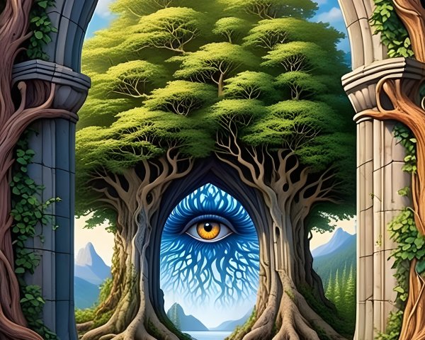 Fantastical Landscape with Stone Arches and Mystical Eye