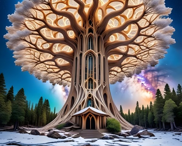 Majestic Tree with Cosmic Backdrop and Reflection
