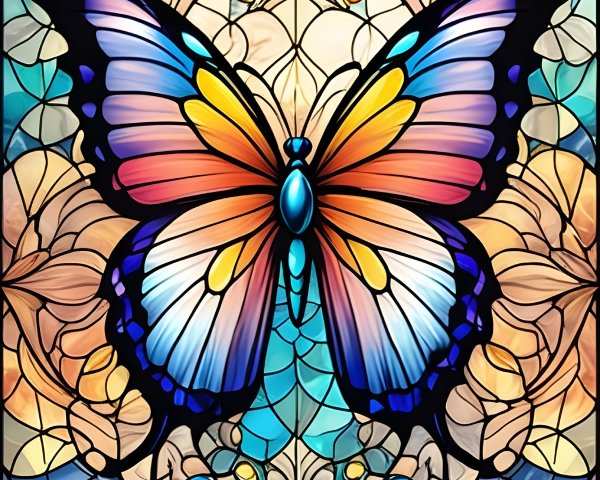 Vibrant Stained Glass Butterfly Design with Floral Elements