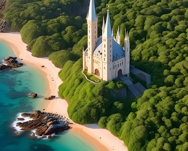 Majestic castle on hillside overlooking beach and waters